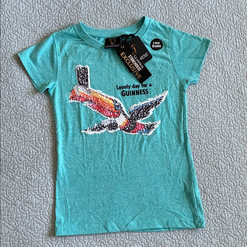 NEW Guinness Beer Teal Short-Sleeve 2 Way Sequin Toucan Tee Shirt Top Gift